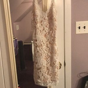 Worn once white lace with tan underline dress !